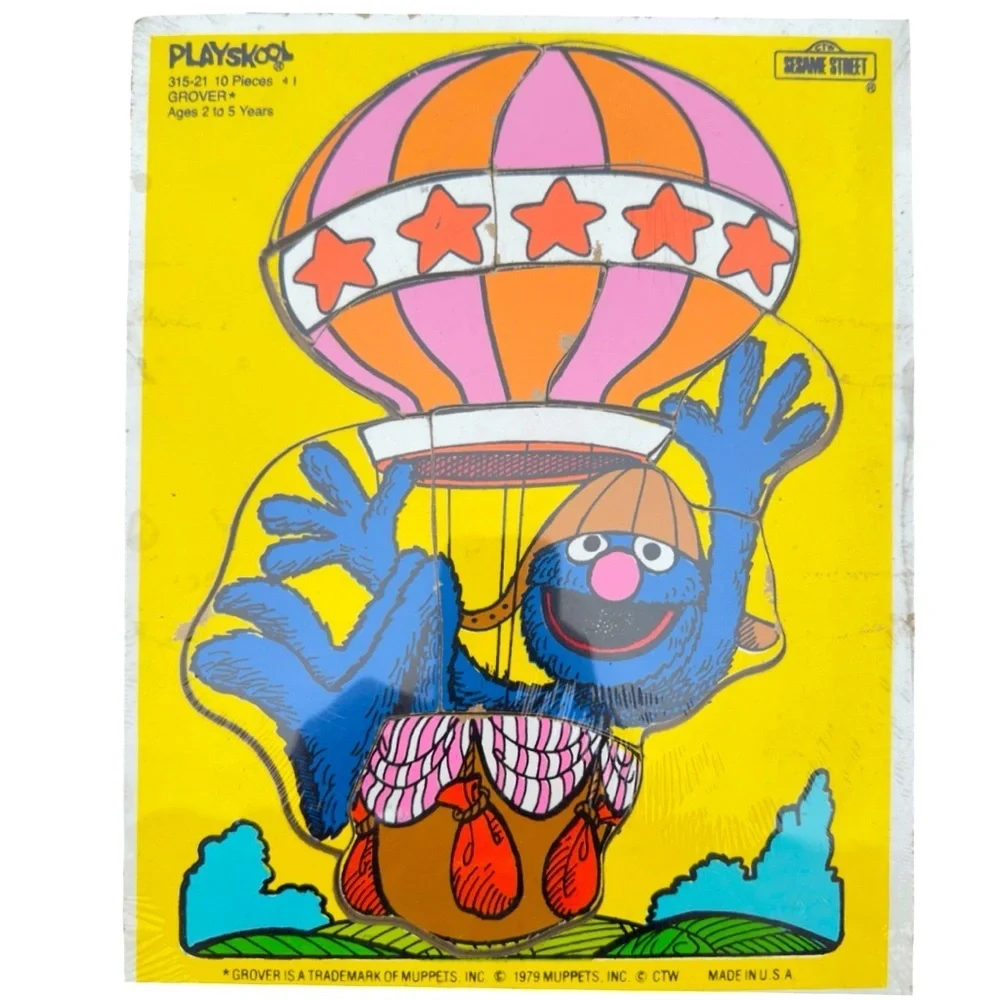 Vintage 1979 Sesame Street Grover Wood Puzzle and Farmer Wood Puzzle